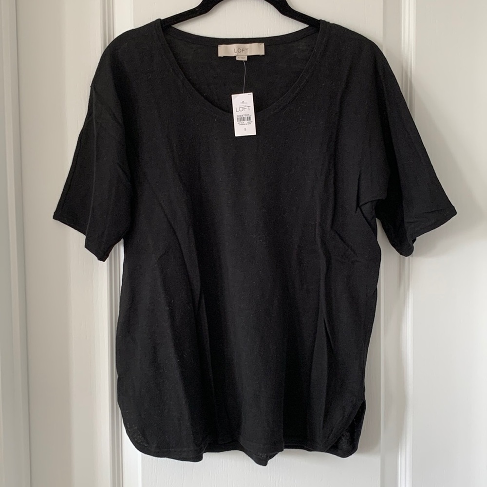 NWT LOFT Black Linen And Cotton Blend Short Sleeves Top Size S